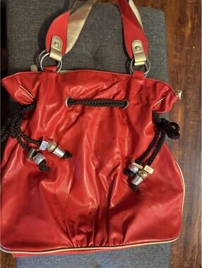 New York & Co Red Duffle Style Shoulder Bag Silver/Gold Accent Side Drawstring